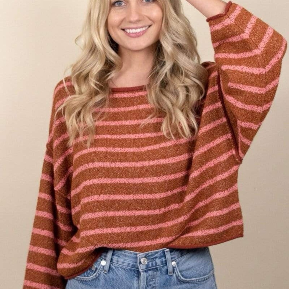 Free People Bardot Boho Top Blouse Sweater Cropped Orange Stripe OVERSIZED